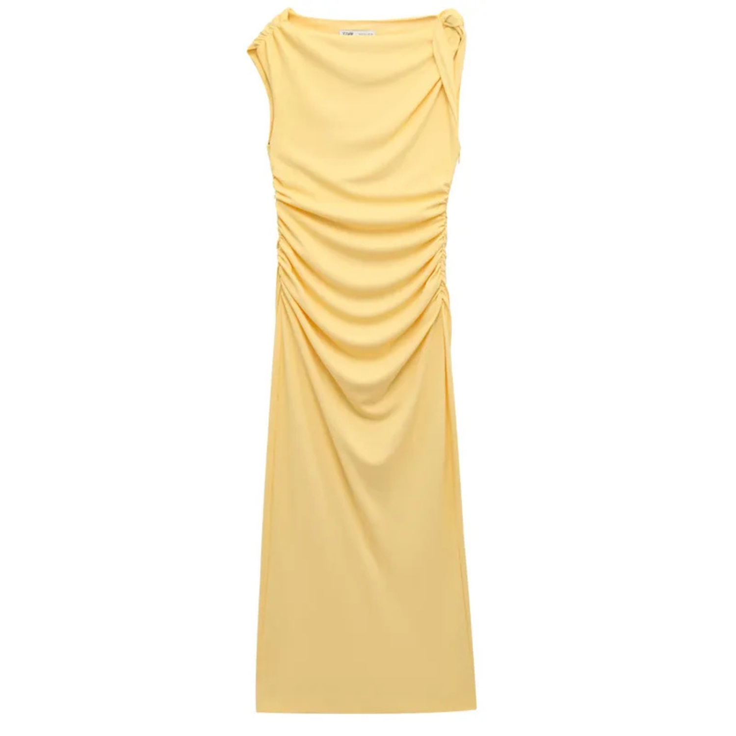 Eva | Abito Midi Giallo Asimmetrico con Drappeggio e Spacco