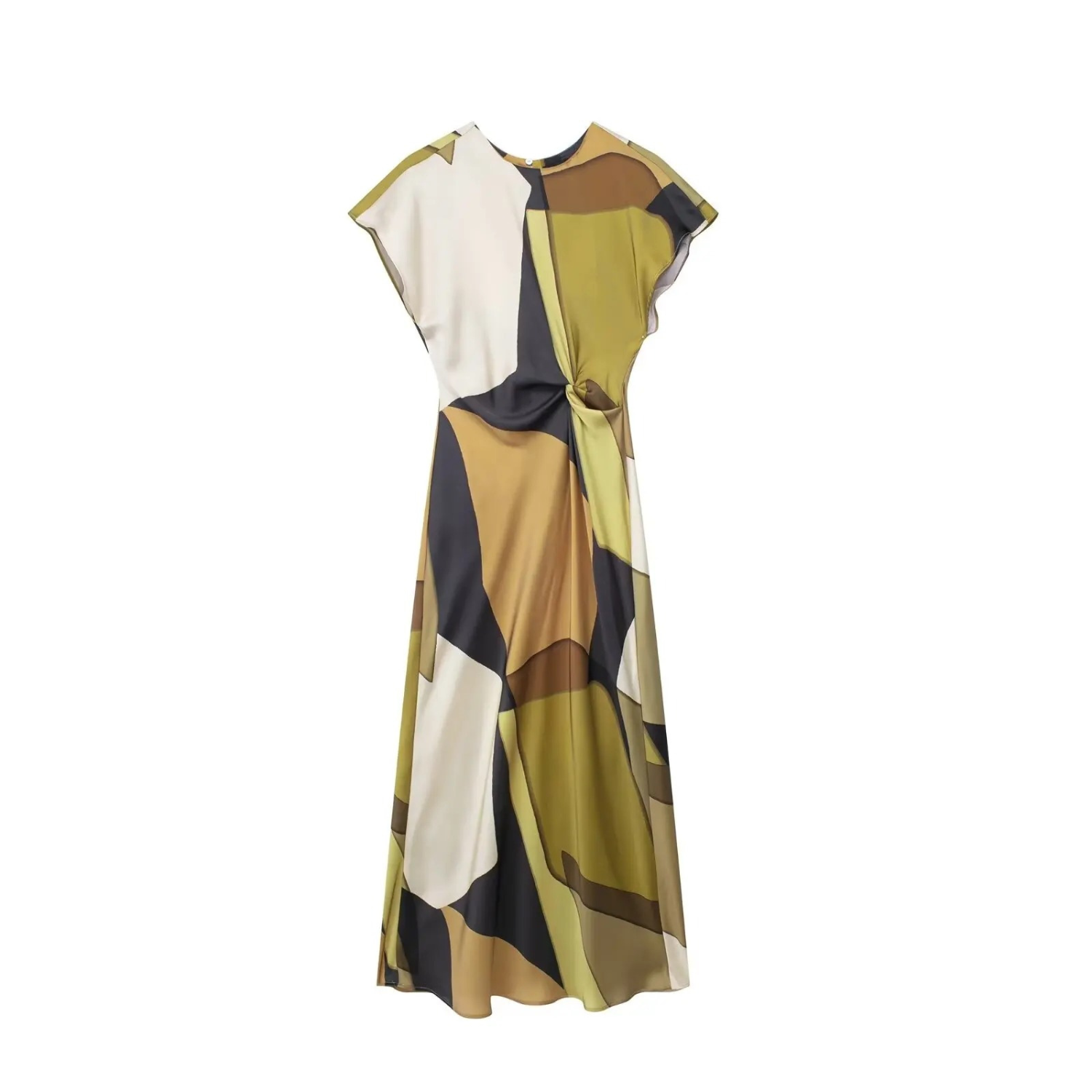 Gia | Abito Lungo con Stampa Vintage, Scollo Tondo e Dettaglio Cut-Out sul Retro