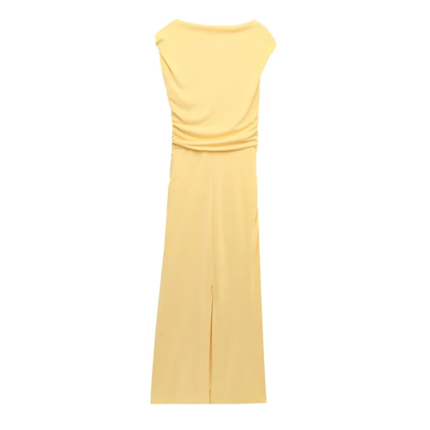 Eva | Abito Midi Giallo Asimmetrico con Drappeggio e Spacco
