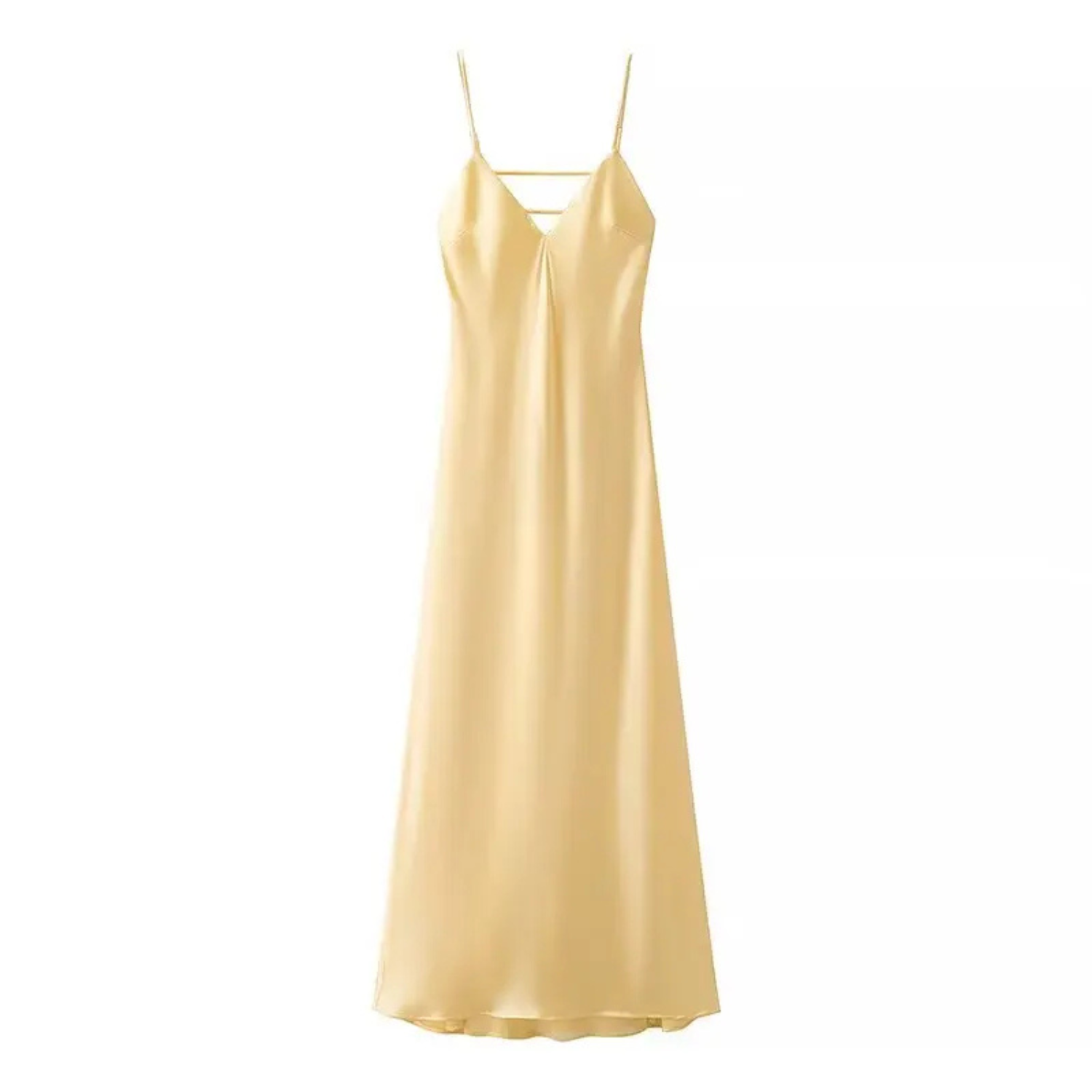 Lola | Abito Lungo Giallo in Raso con Scollo a V e Spalline Sottili