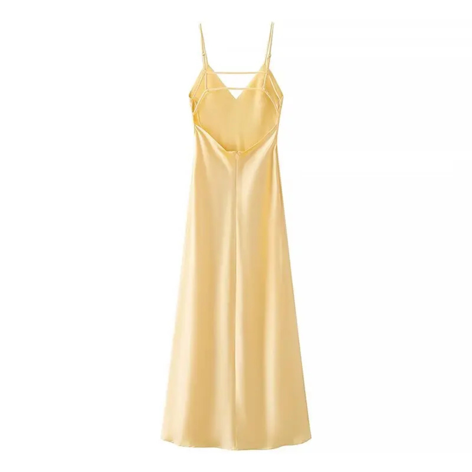 Lola | Abito Lungo Giallo in Raso con Scollo a V e Spalline Sottili